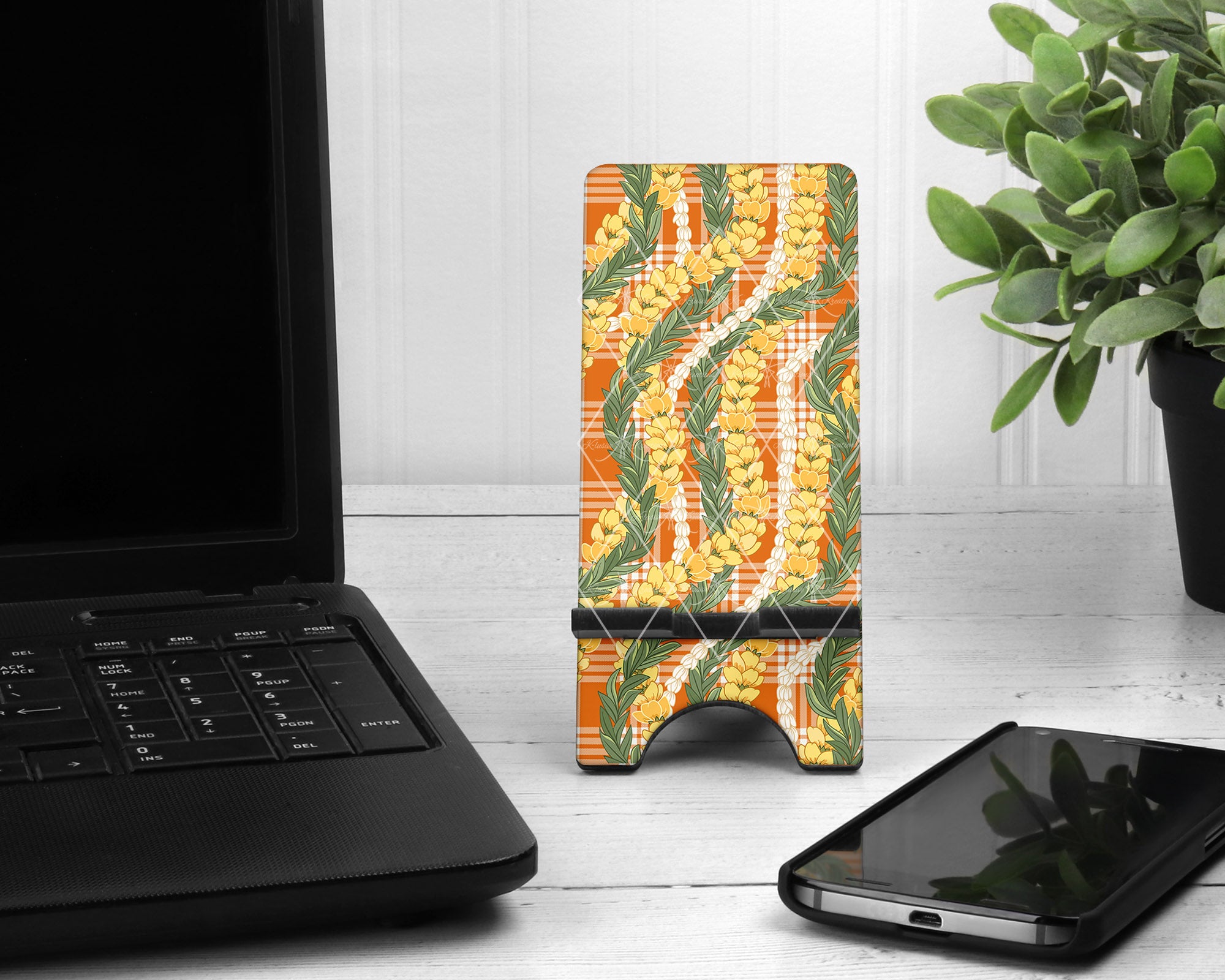 Phone Stand/Holder • Orange Palaka • Ilima Maile Pikake